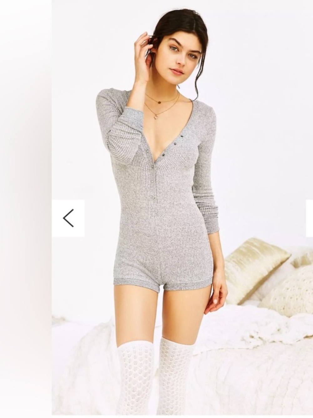 Urban Outfitters Out From Under Light Gray Ribbed Henley Romper Medium